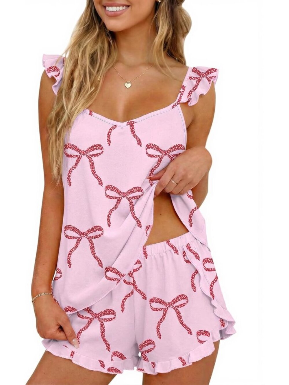 〽️Women's Outfit Set Pink Bow Comfort Cami Top and Shorts 2 Piece Lounge Set